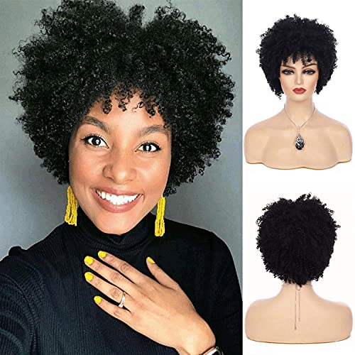 Boccte Kurze Afro-Perücke für schwarze Frauen, natürliche, synthetische Locken, Cosplay-Kostüm-Perücken mit Perückenkappe von Boccte