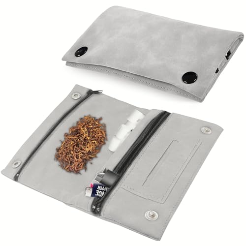 Bocguy Tabaktasche Leder, Allzweckleder Tabaktasche Drehertasche, Drehtabak Tasche für Tabak, Faltbar Tabaktasche mit Filterfach und Plättchen-Halter (Grau) von Bocguy