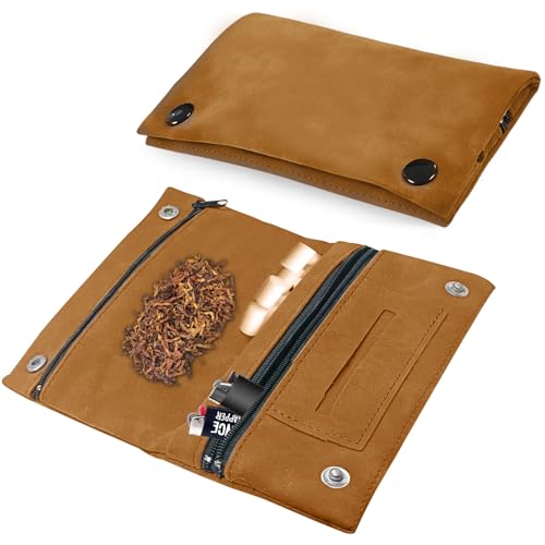 Bocguy Tabaktasche Leder, Allzweckleder Tabaktasche Drehertasche, Drehtabak Tasche für Tabak, Faltbar Tabaktasche mit Filterfach und Plättchen-Halter (Khaki) von Bocguy