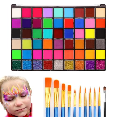 Kinderschminken Set, 54 Farben Gesichtsfarben Kinderschminken mit 10 Pinsel, Theaterschminke Kinder, Gesichtsfarbe Face Paint Kids für Halloween Karneval Bühnenleistung Make-Up von Bocguy