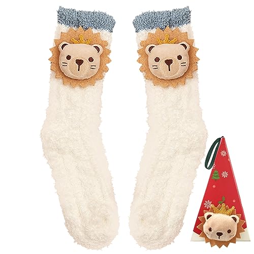 Kuschelsocken Geschenk für Frauen, Flauschige Socken Weihnachtssocken Wintersocken Bettsocken Damen Plüschsocken Weihnachtsgeschenke - Kleiner Löwe von Bocguy