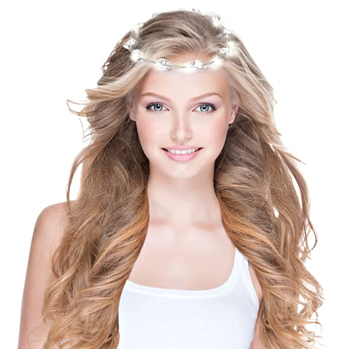 LED Blumenkranz Silvester Haarschmuck Blumen Stirnband Kranz Haarband Damen Blumendekor Kopfschmuck für Hochzeit Party Leucht (Weiß 3x) von Bock op Kölle