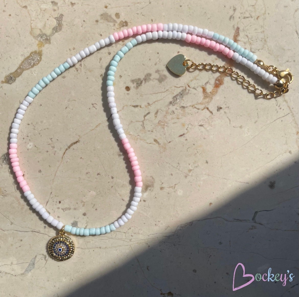 Halskette Mit Bösem Auge Evil Eye Perlenkette Pastellkette Ombre Geschenk Für Sie Mama Muttertag Sommer Schmuck von BockeysShop