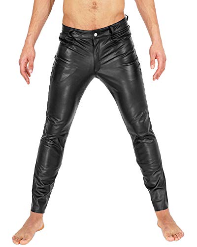 Bockle® Tube Aniline Zip Leder Jeans Lederhose Herren Tube Röhre Skinny Slim Fit Herren, Size: W33/L34 von Bockle