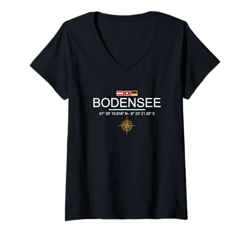 Damen Reise Gadgets Wandern Urlaub Koordinaten Souvenir Bodensee T-Shirt mit V-Ausschnitt von Bodensee Souvenir und Reise Gadgets