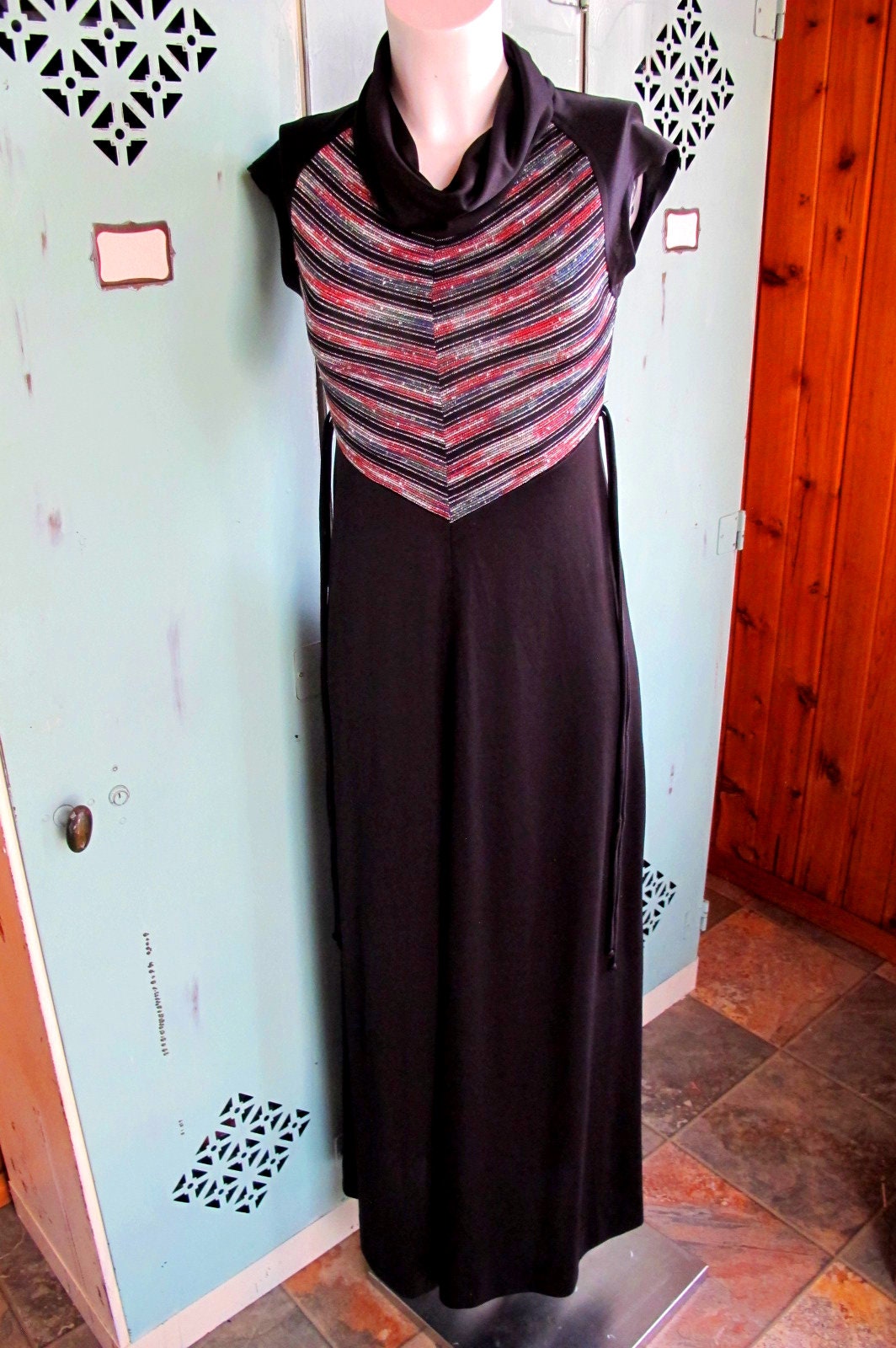 Vintage 70Er Kleid Trolley Auto Maxi Metallic Gefädelt Gestreift Top 1970Er Größe M von BodesWellShop