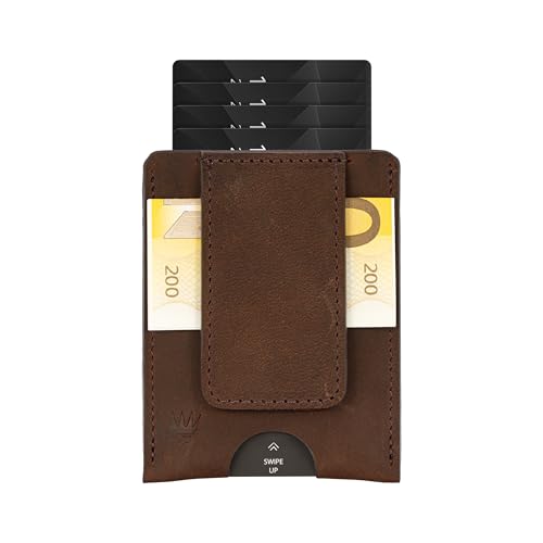 Premium Qualität Ultra Slim Wallet mit Münzfach | Lockcard Wallet Echtleder RFID Schutz | Kartenetui Stahl Einkauwenwagenlöser Geschenk | Geldbeutel Geldbörse Damen & Herren (dunkelbraun) von Bodesa Valore