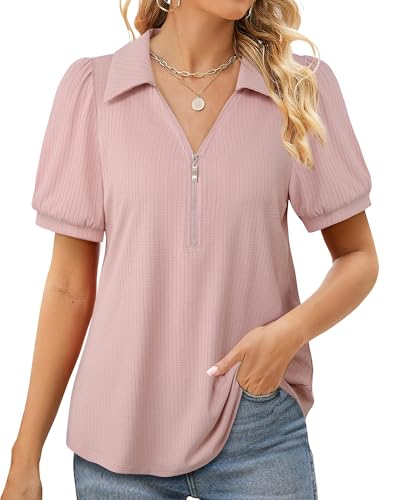 Bodhi talk Basic Shirt Damen: Business Casual Bluse Damen - Sommer Reißverschluss Business Blusenshirt Kleine Gartenfeiern - Alltag Einfarbig Wandern Picknick Tunika Stadtspaziergang T-Shirt Rosa M von Bodhi talk