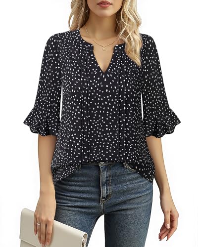 Bodhi talk Damen Elegant: Blümchen Bluse Damen Mode - Sommer Plissee Vorne Elegant Tops mit V-Ausschnitt Casual Tunika Hemd - Geblümt Chiffon Bluse Hochzeit Freizeit T-Shirt (Schwarz Weiß M) von Bodhi talk