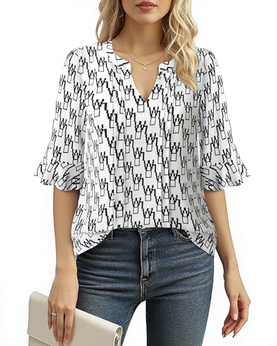 Bodhi talk Bluse Damen Kurzarm: Sommer Elegant Kurzärm Oberteile - Office Wear Geblümt Plissee Vorne Fallverhalten Tops - Sommer Elegant Arbeit Shirt Atmungsaktiv Business Bluse (Weiß Geometrisch XXL) von Bodhi talk