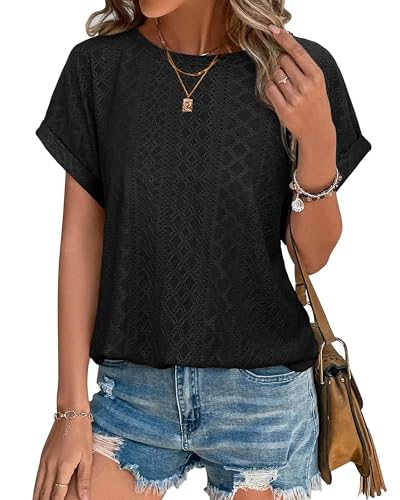 Bodhi talk Bluse Damen Kurzarm: Sommer Eyelet Kurzärmeliges Oberteile - Einfarbig Lochstickerei Dehnbares Pullover mit Rundkragen- Sommer Locker Freizeit Shirt Atmungsaktiv Tshirt Bluse von Bodhi talk
