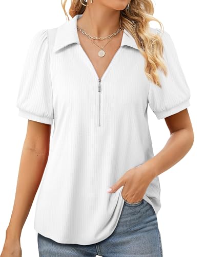 Bodhi talk Bluse Damen Sommer: Bluse Damen Einfarbig Kurzarm - Business Casual Reißverschluss Strickoberteil Nachmittagste Sommerbluse - Sommer Leicht Freizeit Biergarten Einfach T-Shirt Weiß L von Bodhi talk