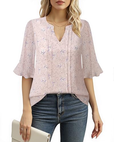 Bodhi talk Bluse Kurzarm Damen: Damen Bluse Elegant - Business Rüschenärmel Elegant Frühling Oberteile mit Henley - Sommer Chiffonoberteil Casual Halbe Ärmel Teacher Hemd Tops (Rosa Geblümt XXL) von Bodhi talk