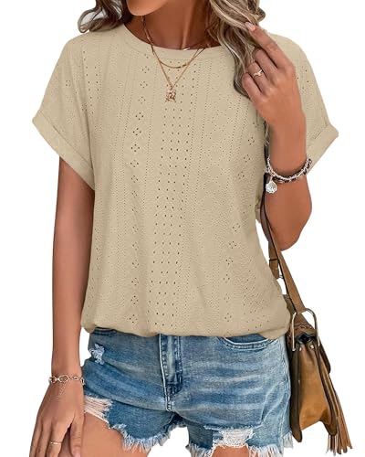 Bodhi talk Bluse Sommer Damen: Damen Blusenshirt Lässige Einfarbig Blusenshirt Kurzarm Oberteil - Sommer Top mit Rundhals Einfach Locker Dehnbares T-Shirt Beige XL von Bodhi talk