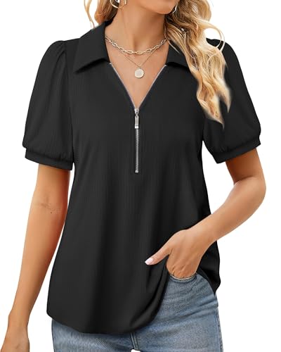 Bodhi talk Bluse Sommer Damen: Damen Modisch Kurzarm Oberteile - Reißverschluss Atmungsaktiv Sommer Strickoberteil - V-Ausschnitt Hemdbluse Freizeit Einfarbig Tunika Puffärmeln Bluse Schwarz XXL von Bodhi talk