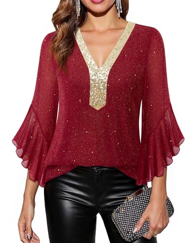 Bodhi talk Blusen Elegant Modern: Glitzer Oberteile Damen für Abend Cocktail - Patchwork-Design Bluse 3/4 Ärmel - Festlich Party Outfit Lose Tunika von Bodhi talk