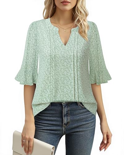Bodhi talk Damen Bluse Kurzarm: Damen Bluse Elegant - Elegant Atmungsaktiv Rüschenärmel Tunika Tops Sommer Chiffonoberteil - Elegant V-Ausschnitt Arbeit Leicht Business Casual Shirt (Grün Geblümt XL) von Bodhi talk