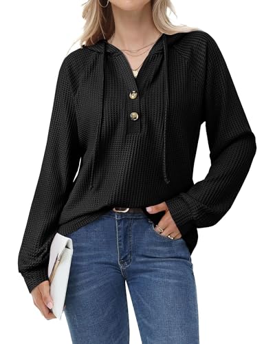 Bodhi talk Oversize Hoody Damen - Einfarbig Langarm Freizeit Pullover mit V-Ausschnitt und Kapuze, Schwarz XXL - Praktisch für Homeoffice & Chilltime von Bodhi talk