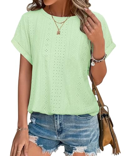 Bodhi talk Damen Shirts Sommer: Bluse mit Lochstickerei - Sommer Freizeit Bequeme Top Ausgehöhlte Strickoberteil - Strickoberteil Mesh Rundhals Locker T-Shirt Bluse Hellgrün XL von Bodhi talk