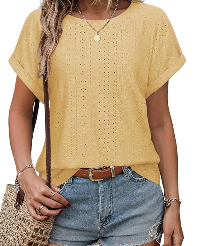 Bodhi talk Damen Shirts Sommer: Damen Blusen Kurzarm - Sommer Locker Lässige Einfarbig Shirt - Strickoberteil Hollowed-Out Rundkragen T-Shirt Bluse von Bodhi talk