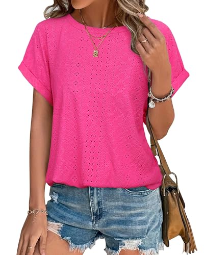 Bodhi talk Damen Shirts Sommer: Damen Blusen Kurzarm - Sommer Locker Lässige Einfarbig Shirt - Strickoberteil Hollowed-Out Rundkragen T-Shirt Bluse von Bodhi talk