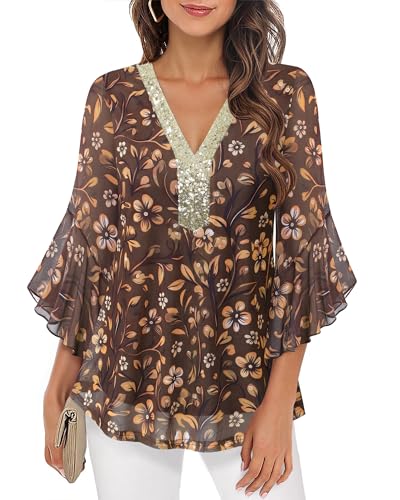 Bodhi talk Festliche Oberteile Damen: Business Outfit Damen Herbst 2025 - Elegant Arbeit Oberteil mit 3/4 Rüschenärmel - Doppellagige Mesh Floral Bluse von Bodhi talk