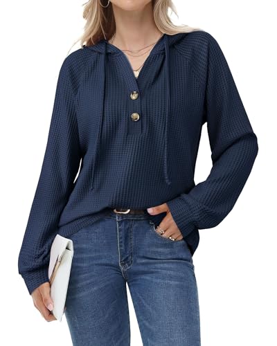 Bodhi talk Damen Hoody mit Kapuze - Lockerer Waffelmuster Pullover mit Kordelzug, Dunkelblau L - Perfekt für Alltag & Relax von Bodhi talk