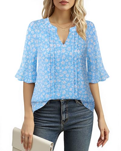 Bodhi talk Kurzarm Bluse Damen: Office Wear Arbeit Shirts - Büro Schickes Elegant Oberteile Damen Plissee Vorne Shirt - Fallverhalten Chiffon Business Casual Frühling Tunika Hemd (Blau Geblümt XXL) von Bodhi talk