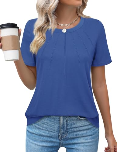 Bodhi talk Damen Tshirt Sommer: Damen Tshirt Pleated Kurzärmeliges - Atmungsaktiv Plissee Locker Sommer Baumwolle - Sommer Rundhalsausschnitt Freizeit Stretch Tshirt von Bodhi talk