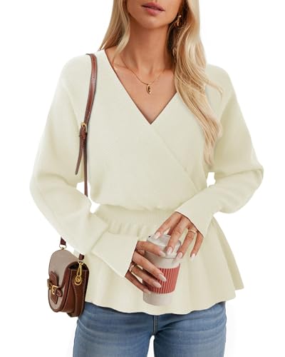 Bodhi talk Pullover Damen Elegant: Weich Sweater Einfarbig Weiß Damen - Eleganter Pullover mit Peplum Herbst - Casual Langarm Oberteile zur Arbeit von Bodhi talk