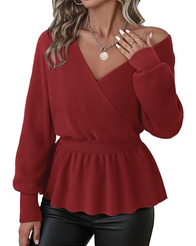 Bodhi talk Pullover Damen Herbst: Einfarbiger Pullover für Damen - 2025 Winter Langarm Wickelpullover mit Ballonärmeln - Weihnachtspullover Frauen von Bodhi talk