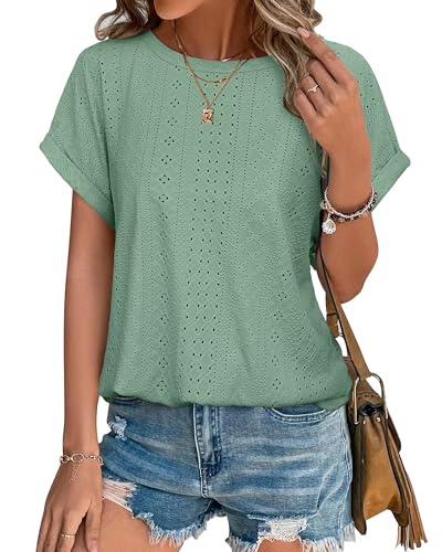 Bodhi talk Shirt Damen Sommer: Bluse Damen Einfarbig Kurzarm - Dehnbares Öse Sommerbluse Einfarbig Strickoberteil - Sommer Rundhalsausschnitt Leicht Freizeit Einfach Top von Bodhi talk