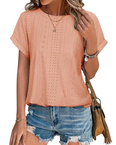 Bodhi talk Shirts Damen Sommer: Damen Modisch Kurzärmeliges Oberteile - Ausgehöhlte Atmungsaktiv Sommer Strickoberteil - Rundhals Top Freizeit Einfarbig T-Shirt Bluse Korallenrosa XXL von Bodhi talk