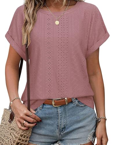 Bodhi talk Shirts Damen Sommer: Damen Modisch Kurzärmeliges Oberteile - Ausgehöhlte Atmungsaktiv Sommer Strickoberteil - Rundhals Top Freizeit Einfarbig T-Shirt Bluse von Bodhi talk