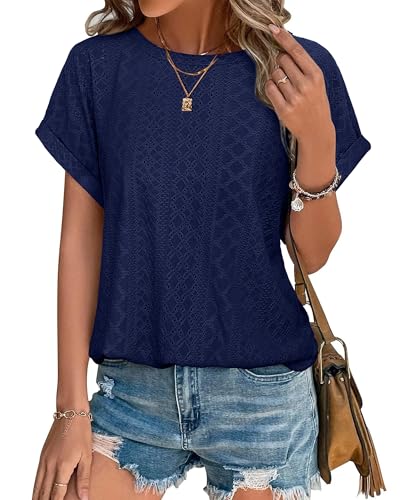 Bodhi talk Sommer Oberteile Damen: Bluse Damen Einfarbig Kurzarm - Dehnbares Lochstickerei Sommerbluse Einfarbig Strickoberteil - Sommer Rundhals Leicht Freizeit Einfach Top Marineblau S von Bodhi talk