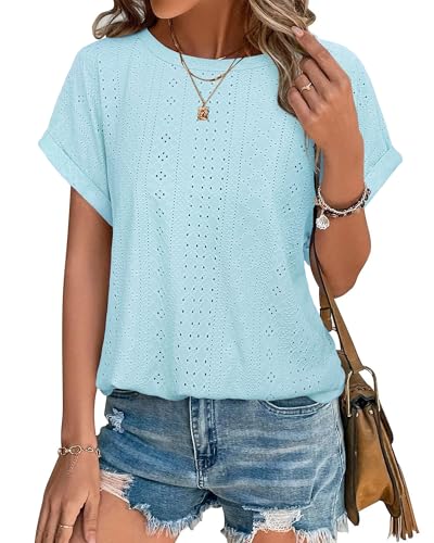 Bodhi talk Sommer Outfit Damen: Damen Lässige Kurzarm Top - Ausgehöhlte Modisch Rundhals Blusenshirt - Sommer Einfarbig Elegant Oberteile Locker Einfach Shirt Hellblau M von Bodhi talk