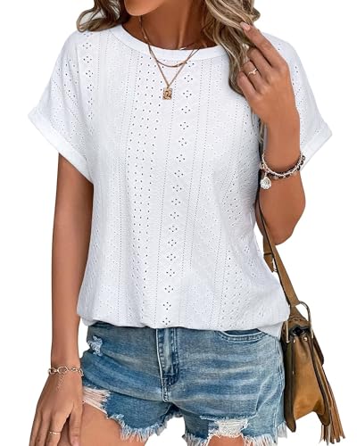Bodhi talk Sommer Outfits Damen: Damen Blusenshirt Kurzarm Sommer - Ausgehöhlte Elegant Sommer Top mit Rundhals - Sommer Kurzärmeliges Oberteil Locker Casual Mode Shirt von Bodhi talk