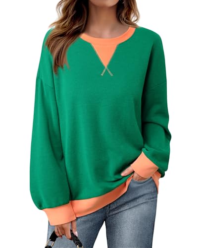 Bodhi talk Sweatshirt Damen Oversized: Crewneck Long Sleeve Dupes Sweater Damen - Casual Loose Damen Pullover Tops - Patchwork Color Block Tops Autumn Y2K Shirt M Regenwaldgrün von Bodhi talk