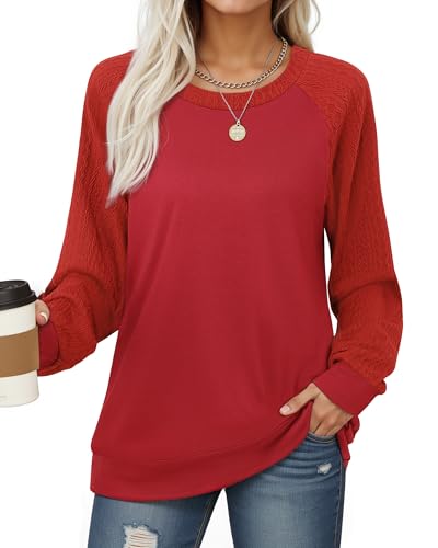 Bodhi talk Damen Übergangsjacke Sportlich-Casual | Raglanärmel Strickpullover mit Kontrastnähten - Atmungsaktives Stretch-Jerseyfür Outdoor/Büro/Reisen - Slim Fit Rundhalsausschnitt Rot M von Bodhi talk