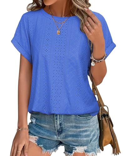 Bodhi talk T-Shirts Damen Sommer: Damen Locker Kurzarm Oberteile - Einfarbig Loch Round Neck Bequeme Sommerblusen - Sommer Stretch Top Casual Einfach Shirt Bluse Blau XL von Bodhi talk