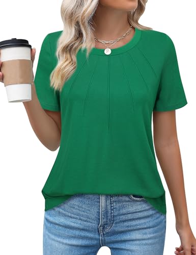 Bodhi talk Bluse Kurzarm Damen: Damen Blusen Sommer - Plissee Locker Sommer Top mit Rundkragen - Sommer Elegant Baumwolle Einfach Kurzärmeliges Oberteile von Bodhi talk