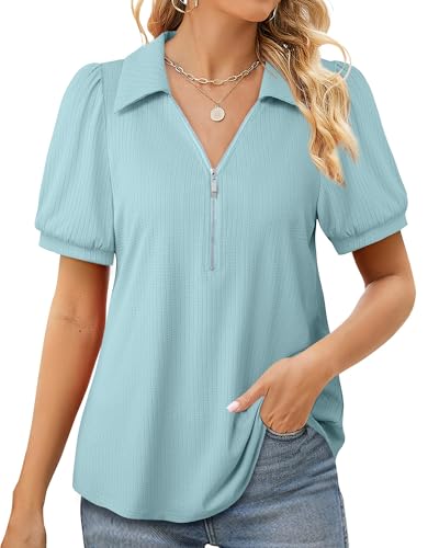 Bodhi talk Tshirt Damen Sommer: Damen T-Shirt Sommer Lässige Kurzarm Poloshirt - Freizeit Schickes Bluse V-Ausschnitt Shirt - Bequem Atmungsaktiv Wandern oder Picknick Strickoberteil Hellblau XXL von Bodhi talk