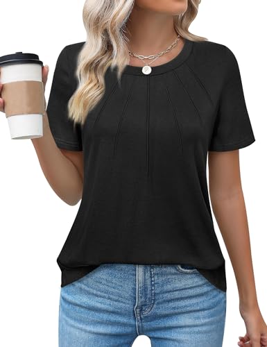 Bodhi talk Top Damen Sommer: Damen Locker Kurzarm Oberteile - Einfarbig Plissierte Round Neck Bequeme Sommerblusen - Sommer Stretch Top Casual Einfach Shirt Bluse von Bodhi talk