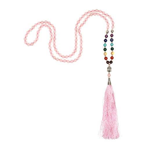 Bodhi Mala 7 Chakren, 6mm Perlen. Rosenquartz mit rosa Quaste, 108 Perlen von Bodhi