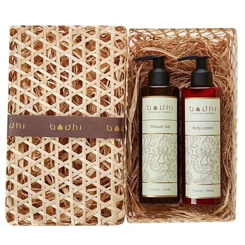 Bodhi® Naturkosmetik Geschenkset KOKOSNUSS UND VANILLE 2 x 250ml - beinhaltet Körpermilch und Duschgel, verpackt in schöner Handgemachter Palmblatt Box für Damen/Bio & Vegan von BODHI