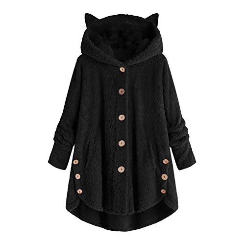 Bodhi2000 Fuzzy Cat Ear Hoodie Kleid Frauen Cute Women Winter Cute Cat Ears Hooded Unregelm??iger Saum Kn?pfe Jacke Fleece Mantel Cute Girls School Casual Home Lounge Wear Schwarz XXXXXL von Bodhi2000