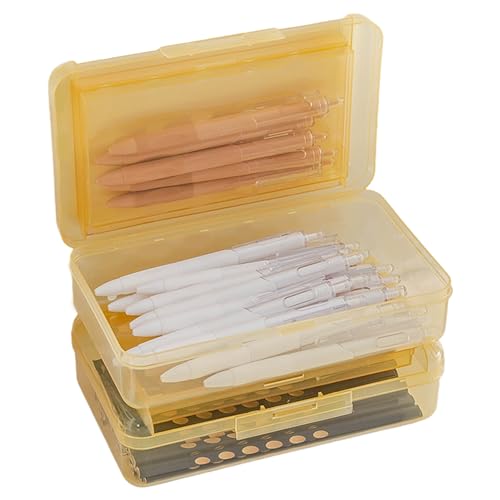 Bodhi2000 Stapelbare Bleistiftbox, transparentes Kunststoff-Federmäppchen, Knopfverschluss, großes Fassungsvermögen, doppelschichtige Malstiftbox, Bleistift-Aufbewahrungsbox Gelb von Bodhi2000
