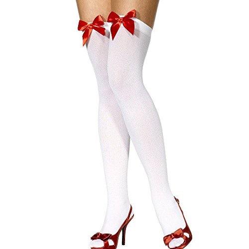 Bodhi2000 Damen Mädchen Oberschenkelhohe Overknee-Strümpfe Schleife Kleid Socken Halterlose, weiß / rot, One size von Bodhi2000