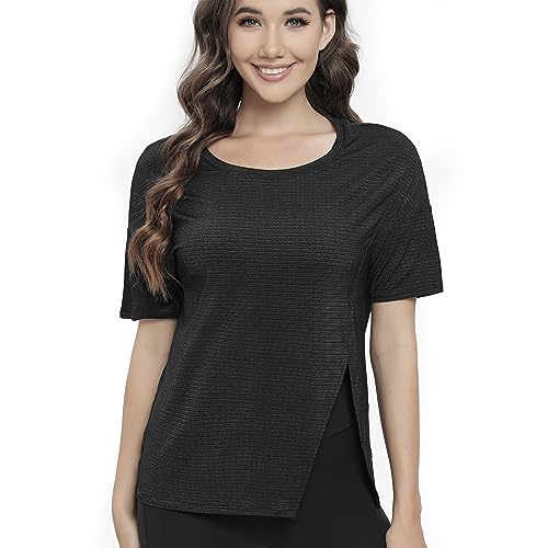 Damen Sport T-Shirt mit Cooling Fabrics, atmungsaktives schnelltrocknendes Funktionsshirt, kurzärmliges Trainingsshirt mit Loser Passform für Laufen, Workout, Fitness-L-Schwarz von Body Conscious