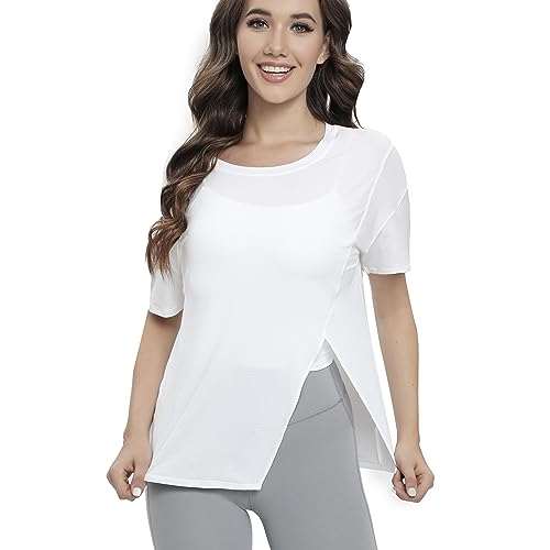 Damen Sport T-Shirt mit Cooling Fabrics, atmungsaktives schnelltrocknendes Funktionsshirt, kurzärmliges Trainingsshirt mit Loser Passform für Laufen, Workout, Fitness-L-Weiß von Body Conscious